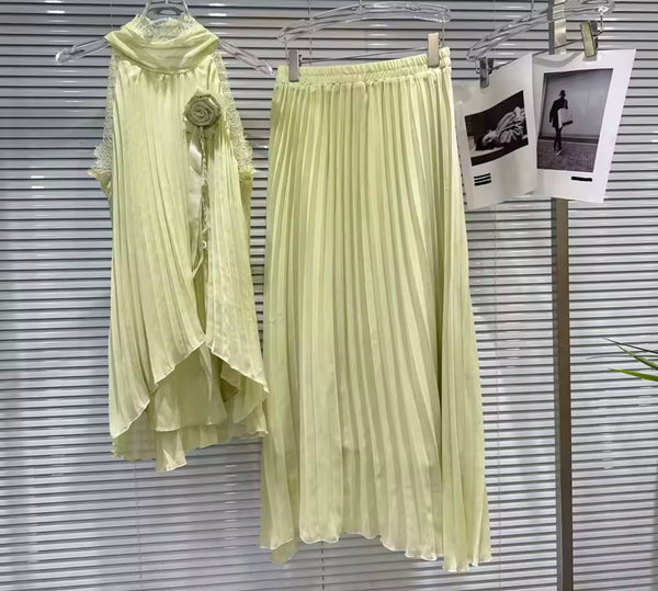 Women Sleeveless Pleated Two Piece Maxi Skirt Set