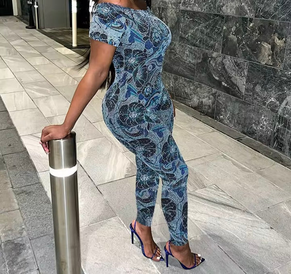 Women Sexy Off The Shoulder Short Sleeve Blue Printed Jumpsuit