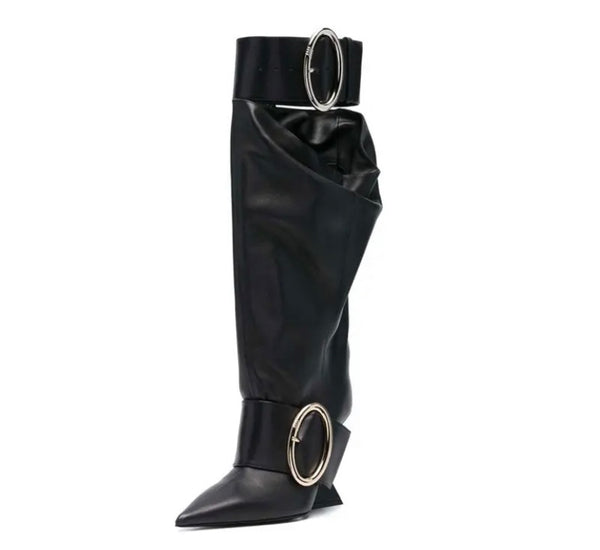 Women Pointed Toe Buckled Platform Wedge Faux Leather Boots