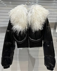 Women Fashion Feather PU Crop Jacket