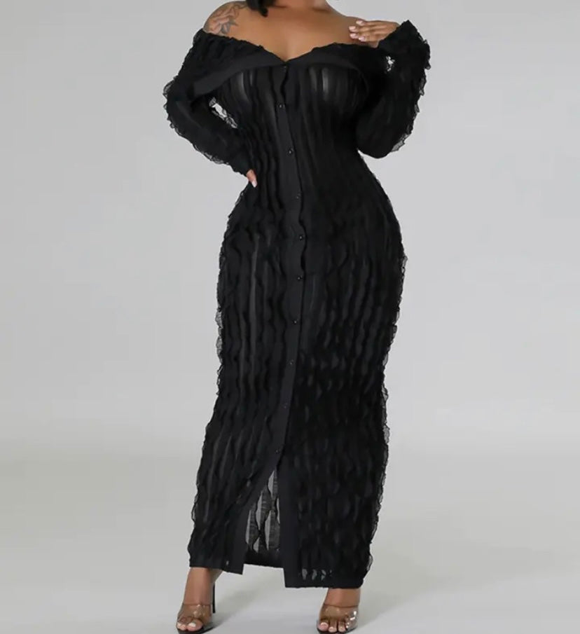 Women Sexy Off The Shoulder Mesh Button Up Full Sleeve Maxi Dress