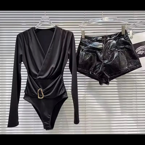 Women Black Full Sleeve Metal Bodysuit Two Piece PU Leather Short Set