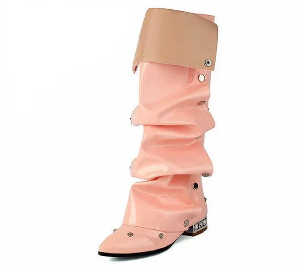 Women Fashion Pointed Toe Patent Leather Button Flat Boots