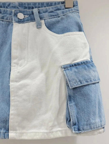 Women Fashion Color Patchwork Pocket Denim Skirt