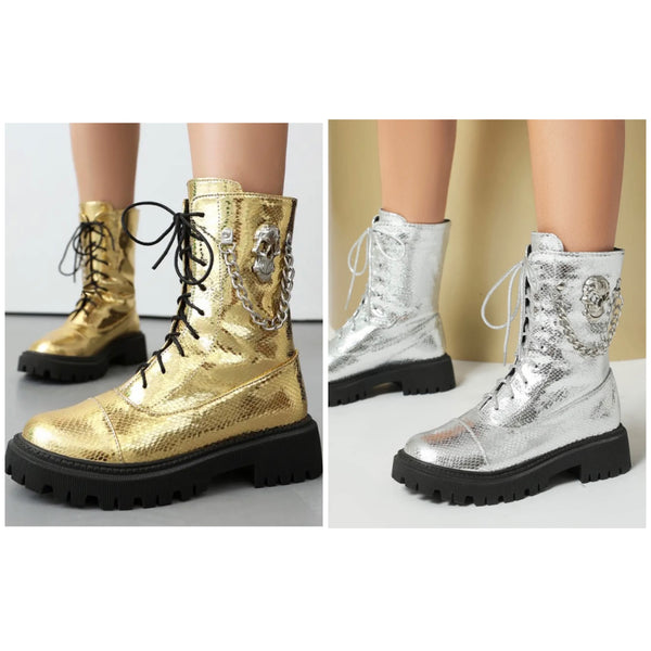 Women Fashion Metallic Skeleton Chain Lace Up Boots