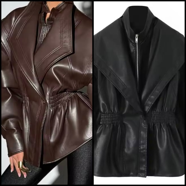 Women Fashion Zip Up Button Faux Leather Jacket
