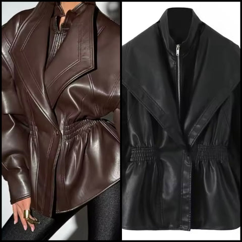 Women Fashion Zip Up Button Faux Leather Jacket