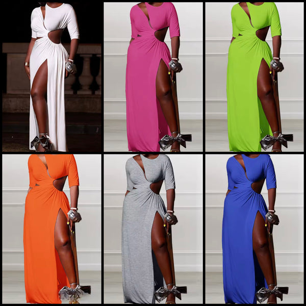 Women Sexy Solid Color Cut Out Side Split Maxi Dress