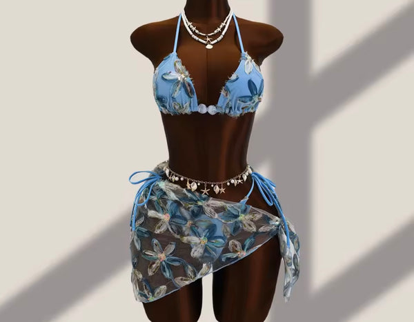 Women Sexy Floral Bikini Mesh Cover Up Set