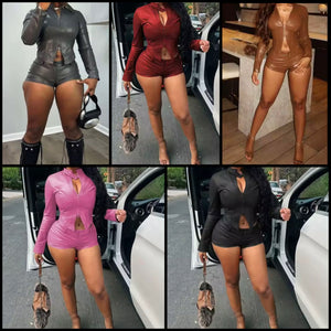 Women Color Fashion Faux Leather Jacket Two Piece Short Set