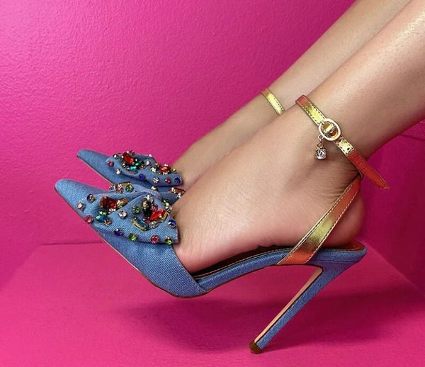 Women Fashion Color Crystal Denim Gold Strap High Heels