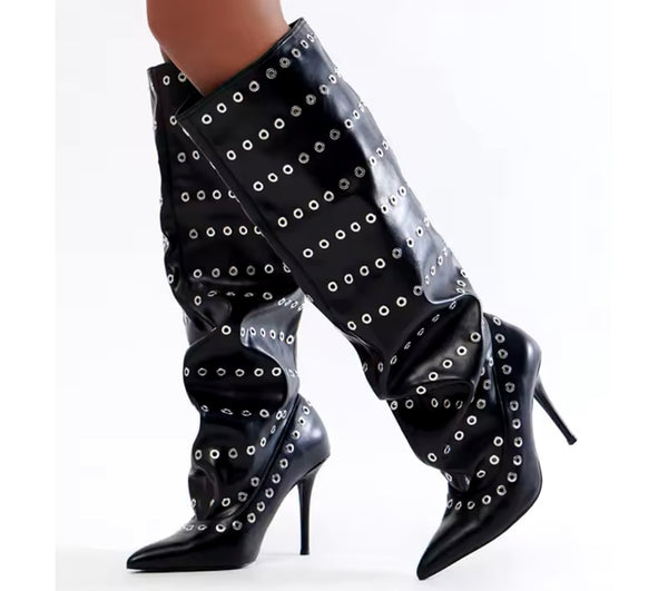 Women Fashion Black Rivet Faux Leather Knee High Boots