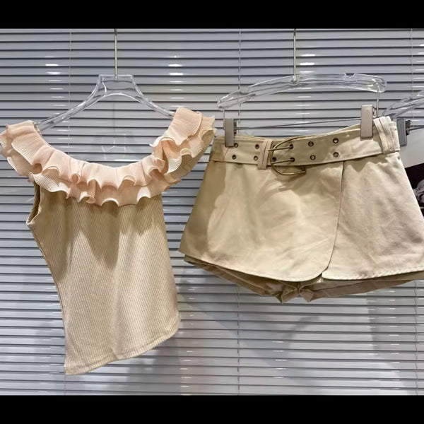 Women Ruffled One Shoulder Tank Two Piece Wrap Short Set