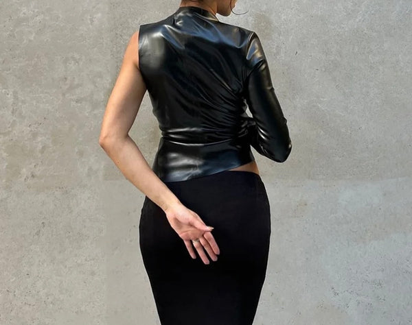 Women One Shoulder Full Sleeve Faux Leather Top