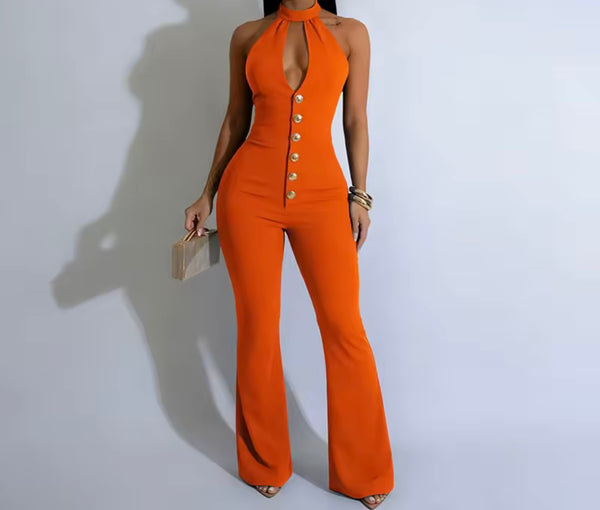 Women Sexy Button Halter Sleeveless Jumpsuit