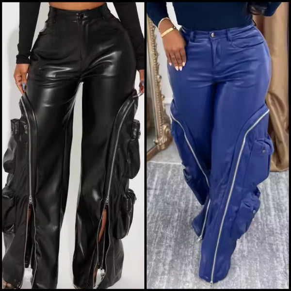 Women Fashion Color Zipper Cargo Faux Leather Pants