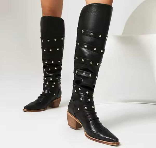 Women Fashion Color Buckled Knee High Western Boots