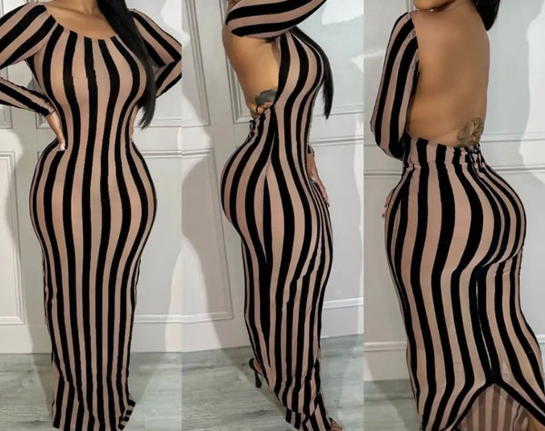 Women Sexy Full Sleeve Striped Open Back Maxi Dress
