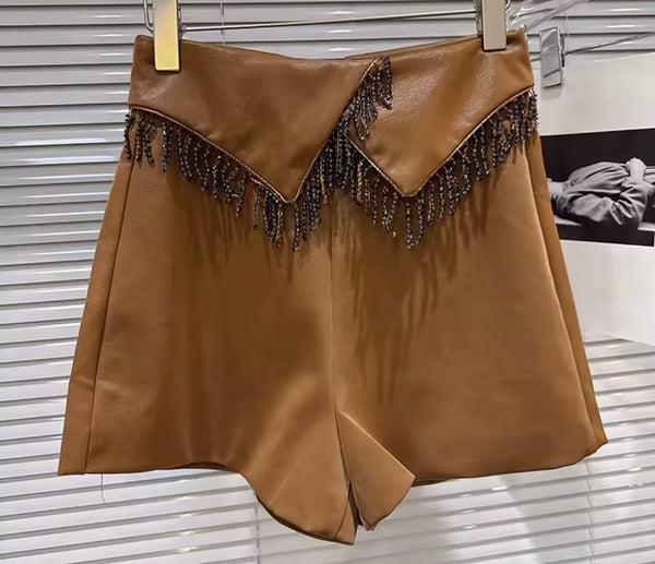 Women Color Fashion Faux Leather Tassel Shorts