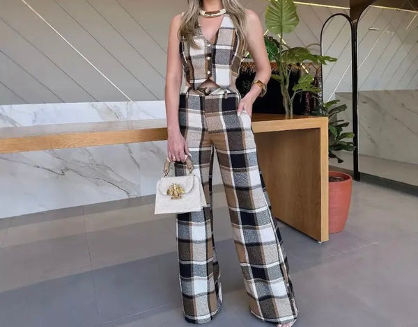 Women Fashion Plaid Sleeveless Vest Two Piece Pant Set