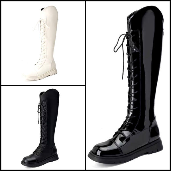 Women Fashion Lace Up Knee High Flat Boots