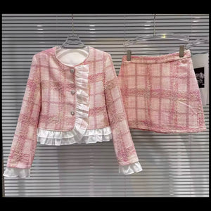 Women Pink Plaid Ruffled Blazer Two Piece Tweed Skirt Set