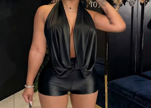 Women Sexy Draped Halter Sleeveless Open Back Romper