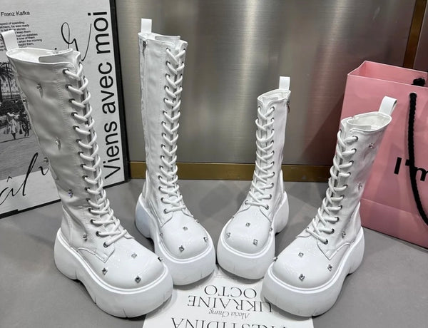 Women Fashion Platform Rhinestone Lace Up Ankle/Mid-Calf Boots
