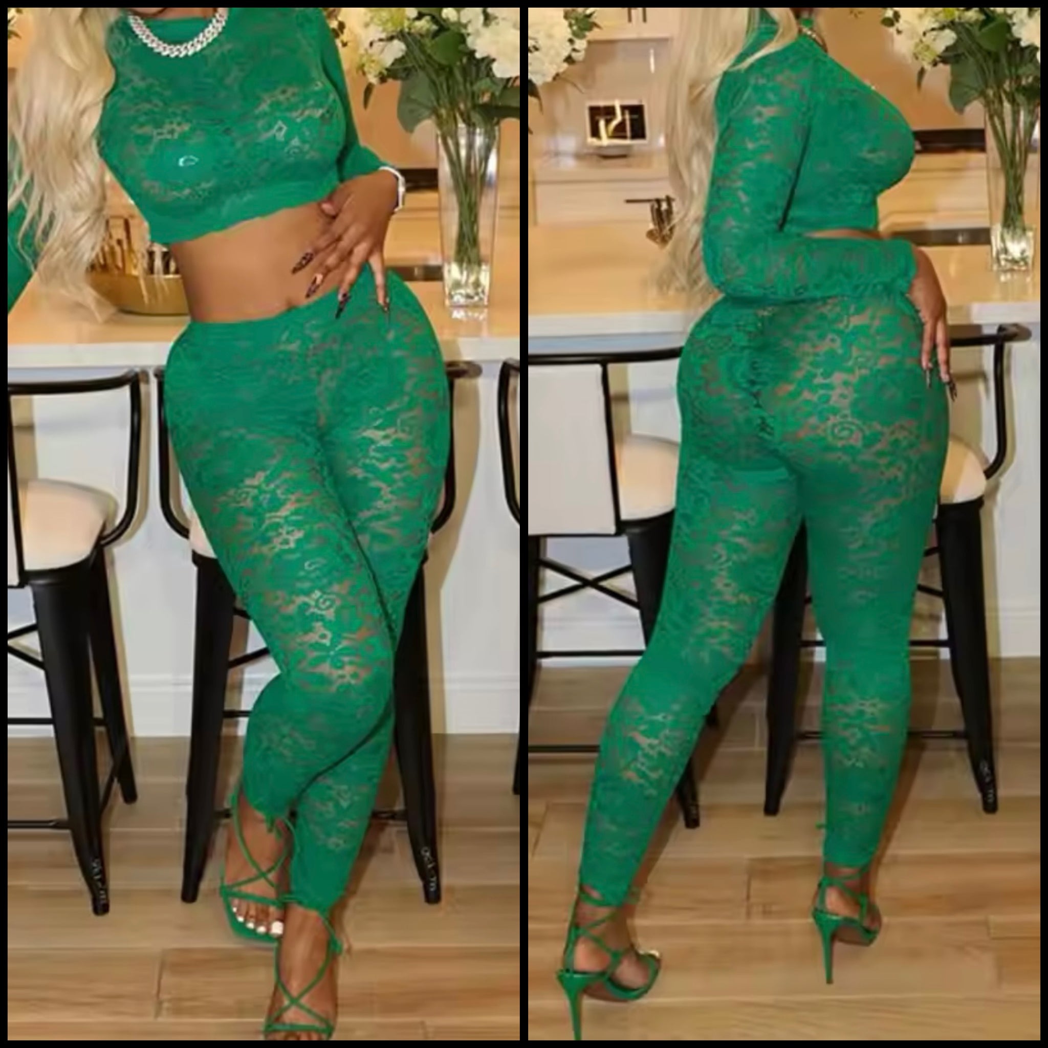 Women Sexy Green Lace Full Sleeve Two Piece Pant Set