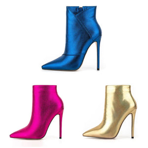 Women Pointed Toe High Heel Fashion Metallic Ankle Boots