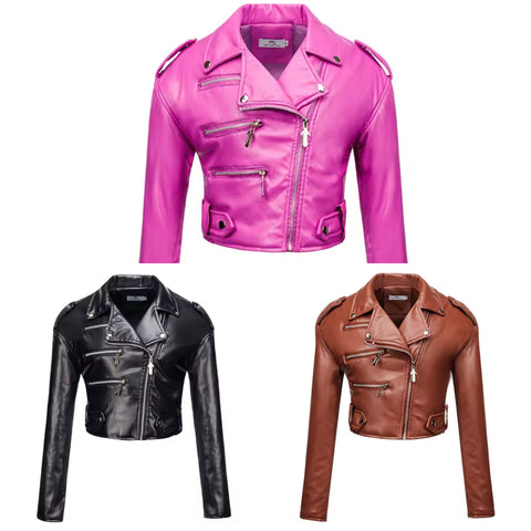 Women Color Zipper Fashion Faux Leather Crop Jacket