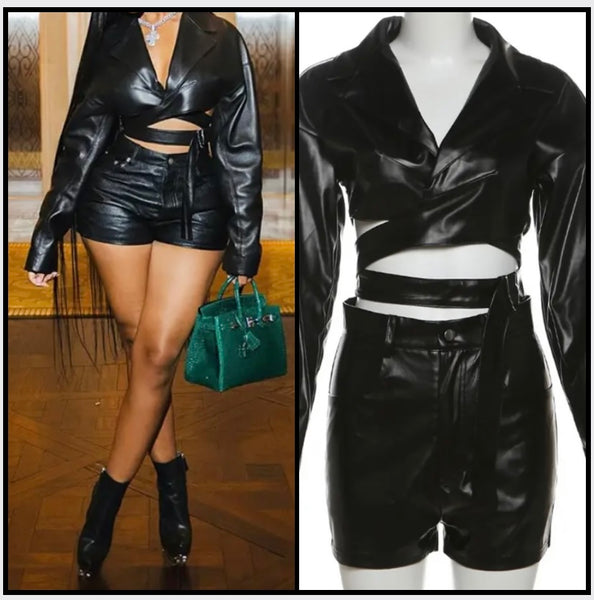 Women Black Faux Leather Full Sleeve Fashion Two Piece Short Set