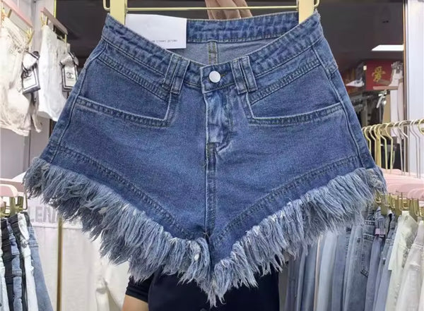 Women Color Fashion Fringe Denim Shorts