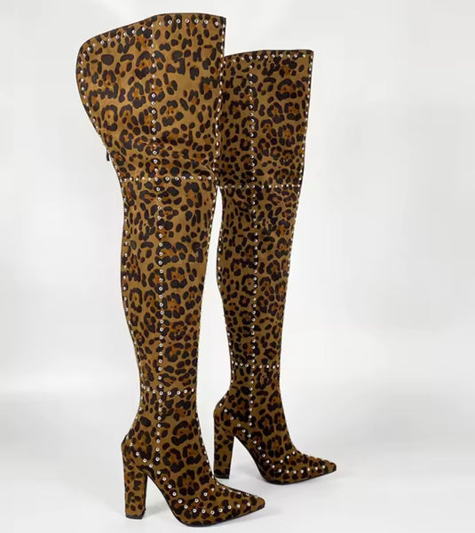 Women Fashion Rivet Pointed Toe Leopard Over The Knee Boots