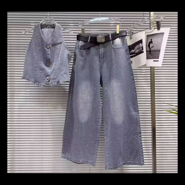 Women Fashion Blue Bling Denim Vest Two Piece Pant Set