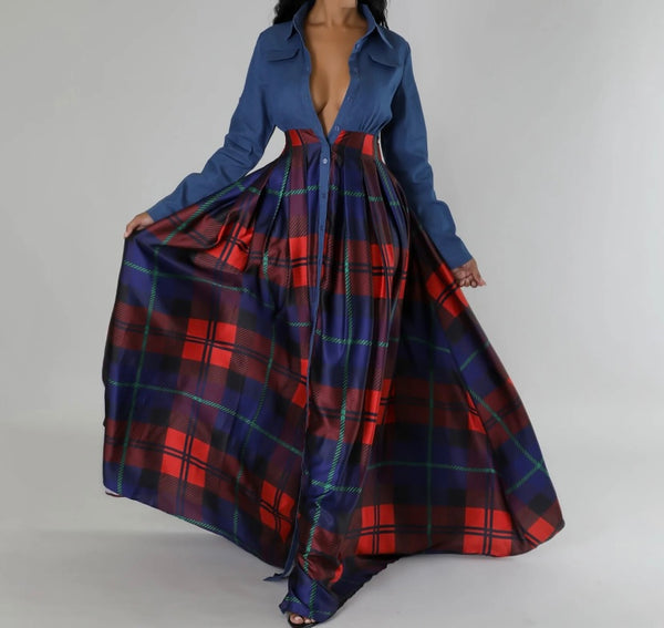 Women Sexy Fashion Button Up Denim Patchwork Plaid Maxi Dress