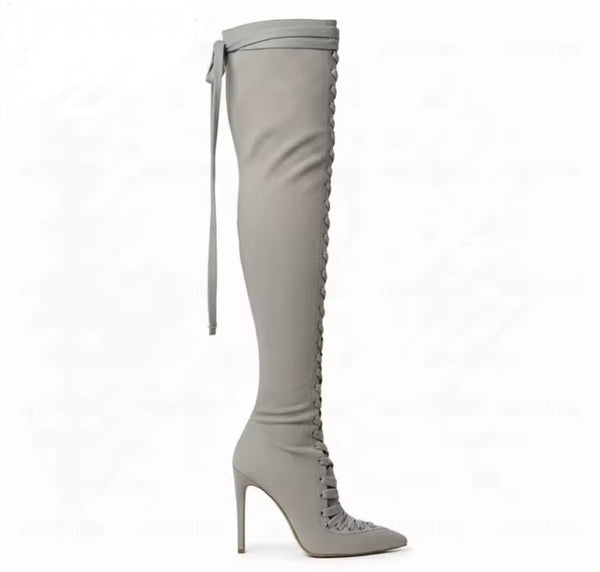 Women Fashion Pointed Toe Lace Up Suede Knee High Boots