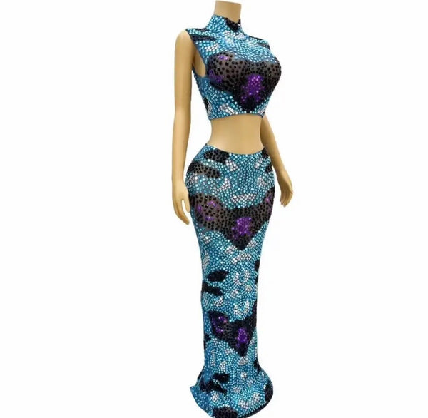 Women Sexy Color Patchwork Bling Sleeveless Two Piece Maxi Skirt Set