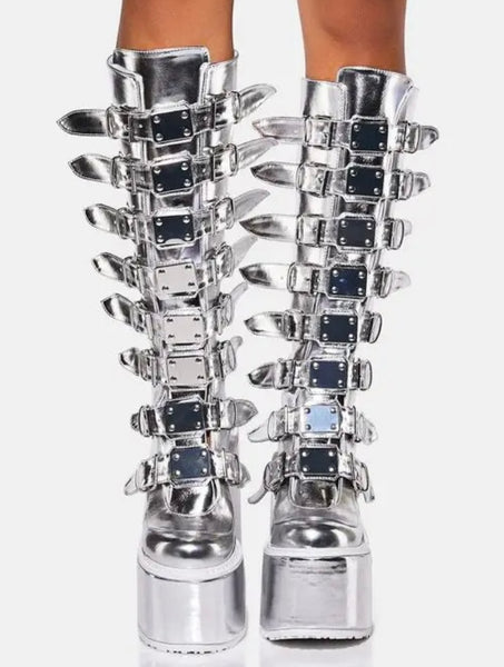 Women Silver Metallic Buckled Platform Fashion Knee High Boots