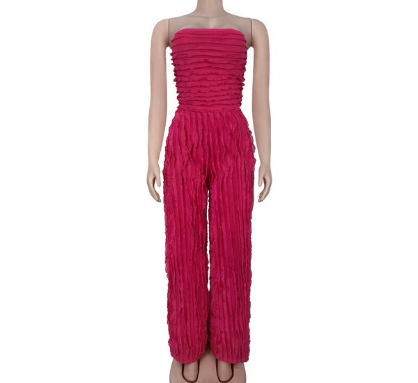 Women Sexy Strapless Color Pleated Jumpsuit