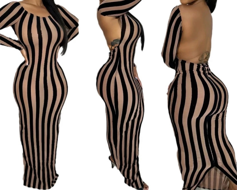 Women Sexy Full Sleeve Striped Open Back Maxi Dress