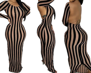 Women Sexy Full Sleeve Striped Open Back Maxi Dress