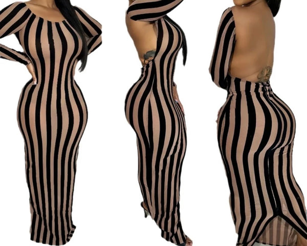 Women Sexy Full Sleeve Striped Open Back Maxi Dress