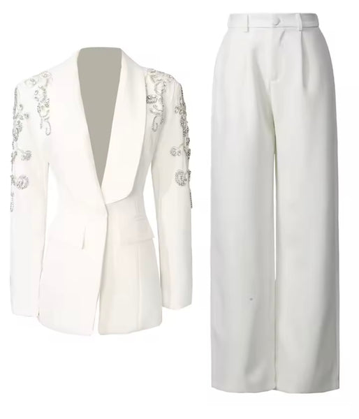 Women Fashion Floral Rhinestone Embellishment Blazer Two Piece Pant Set