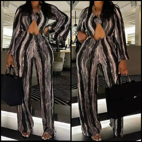 Women Cut Out Full Sleeve Color Patchwork Sexy Jumpsuit