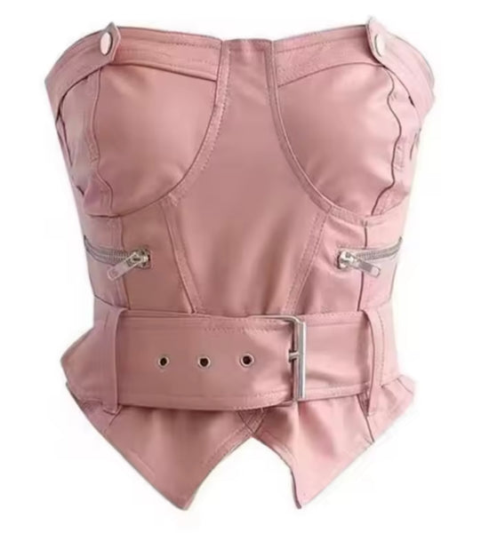 Women Pink Strapless Buckled Zipper Faux Leather Crop Top