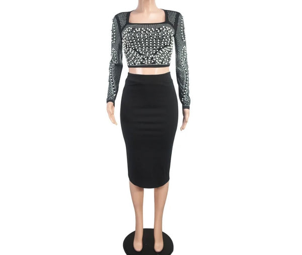 Women Sexy Black Bling Full Sleeve Two Piece Skirt Set