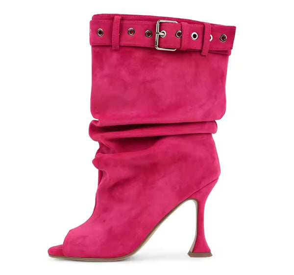 Women Color Open Toe Suede Buckle Ruched High Heel Boots