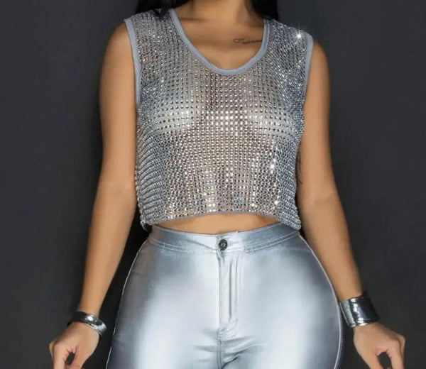 Women Sexy Bling Sleeveless Crop Top