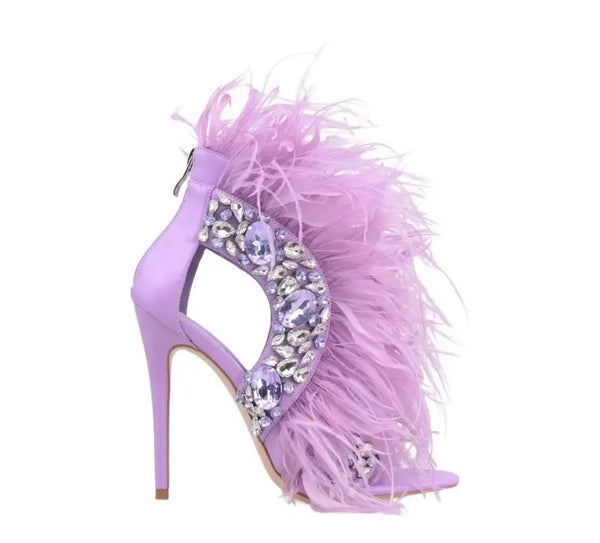 Women Fashion Bling Faux Fur High Heel Sandals